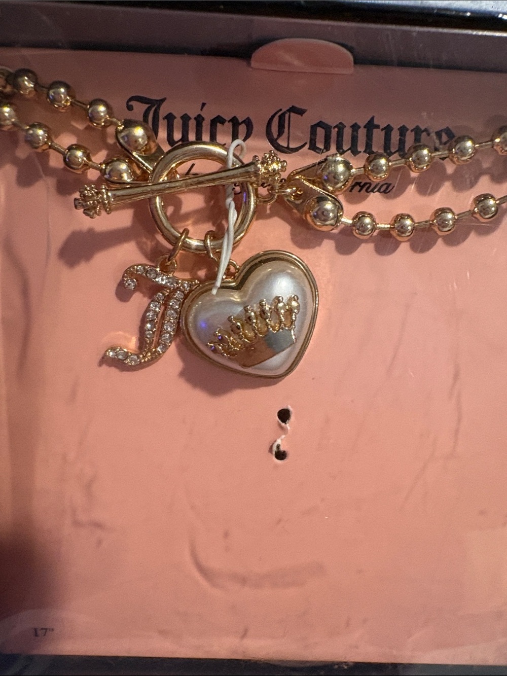 Juicy Couture Gold-Tone Pearl Heart & Crystal Logo Charm Necklace